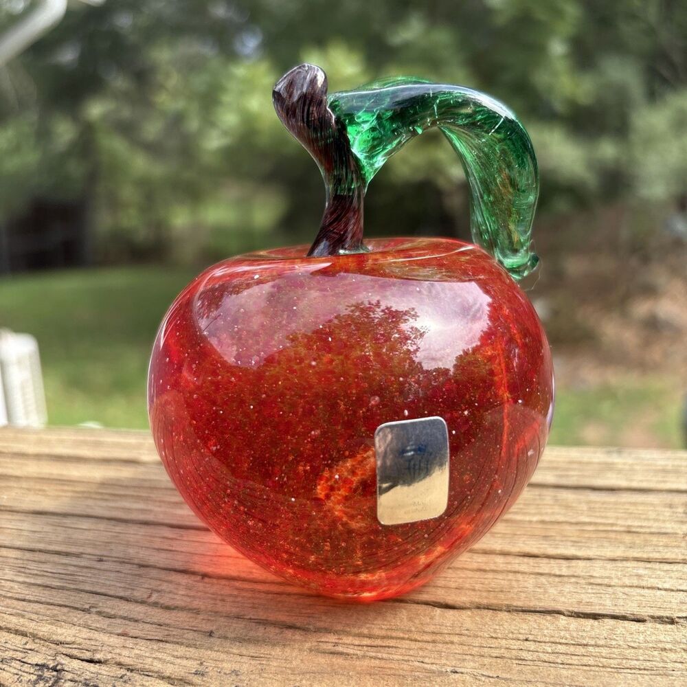Vintage Vibrant Red Orange Speckled Murano-Style Art Glass Apple Paperweight